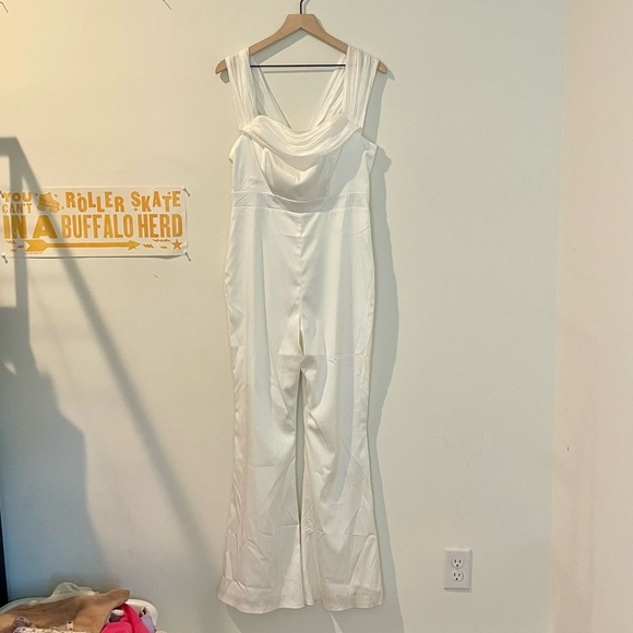 Lena Tuxedo Satin Jumpsuit White Fully Lined Style# R1246 - Picture 3 of 16